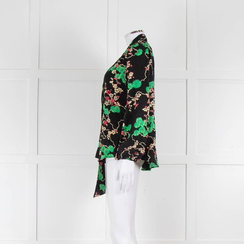 Rixo Black Green and Pink Floral Tie Neck Blouse