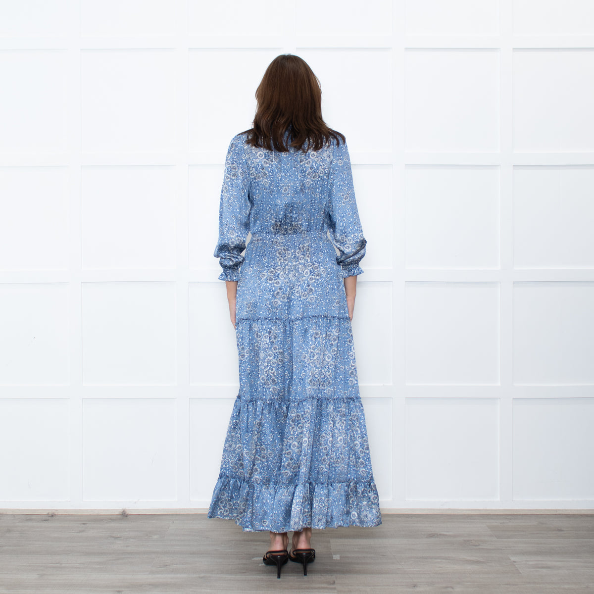 Ridley Blue White Floral Print Satin Silk Long Sleeve Maxi Dress