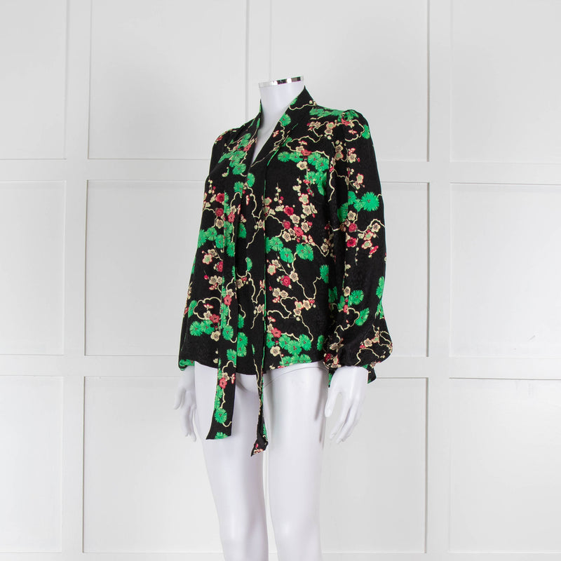 Rixo Black Green and Pink Floral Tie Neck Blouse