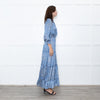 Ridley Blue White Floral Print Satin Silk Long Sleeve Maxi Dress