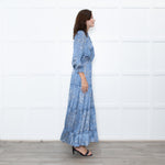 Ridley Blue White Floral Print Satin Silk Long Sleeve Maxi Dress