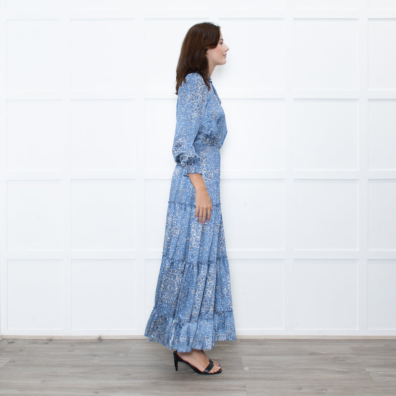 Ridley Blue White Floral Print Satin Silk Long Sleeve Maxi Dress