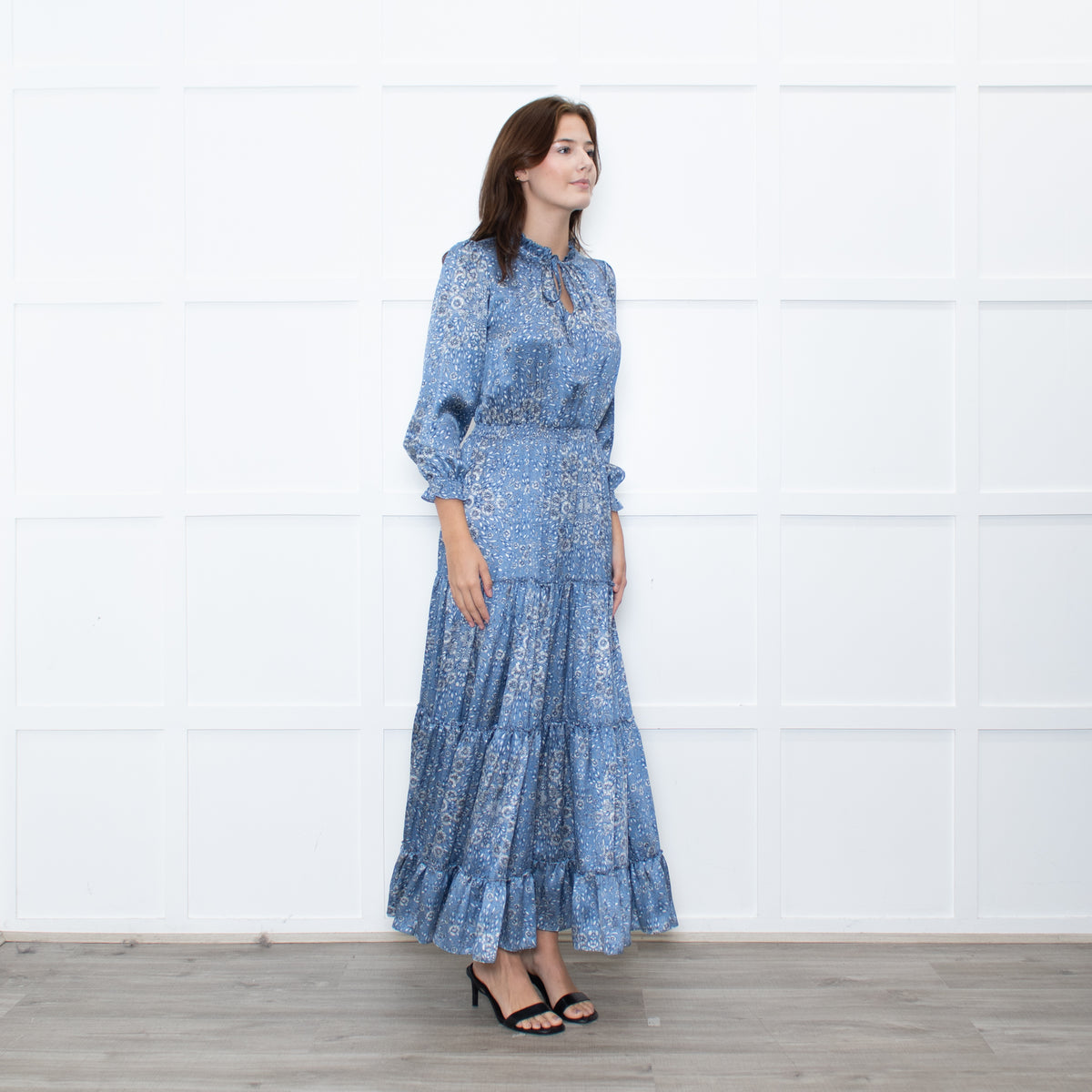 Ridley Blue White Floral Print Satin Silk Long Sleeve Maxi Dress