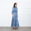 Ridley Blue White Floral Print Satin Silk Long Sleeve Maxi Dress