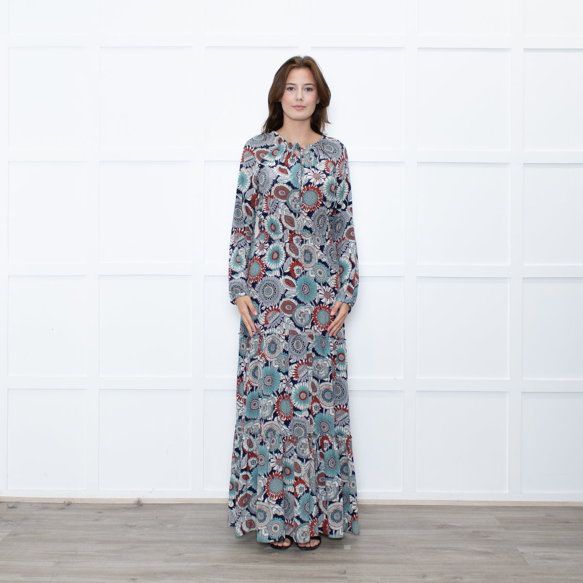 Ridley Navy Multicolour Floral Print Silk Long Sleeve Maxi Dress