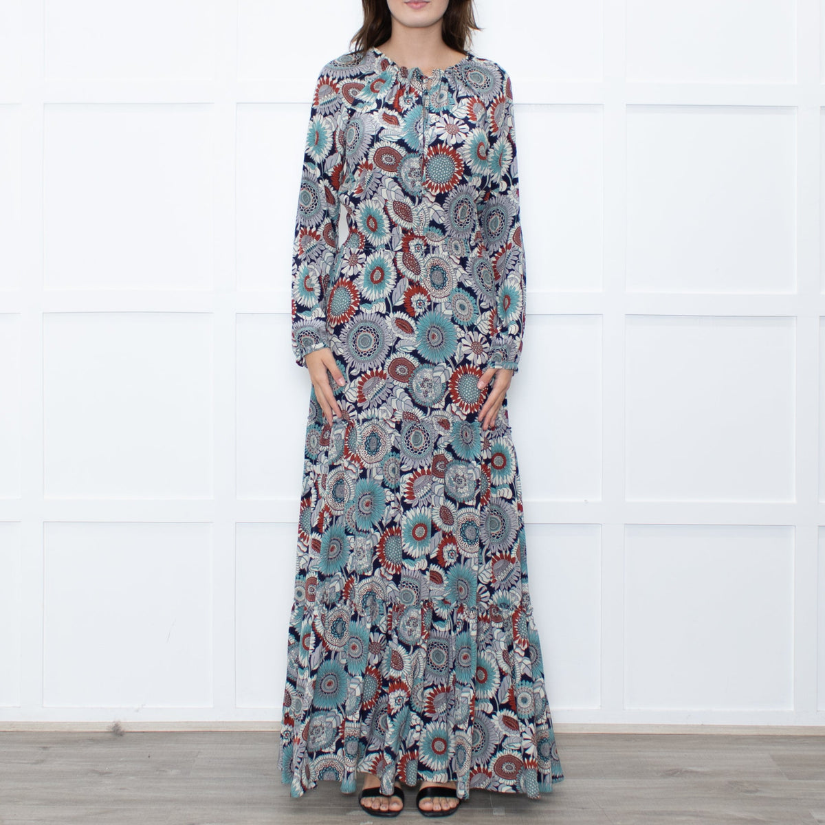 Ridley Navy Multicolour Floral Print Silk Long Sleeve Maxi Dress
