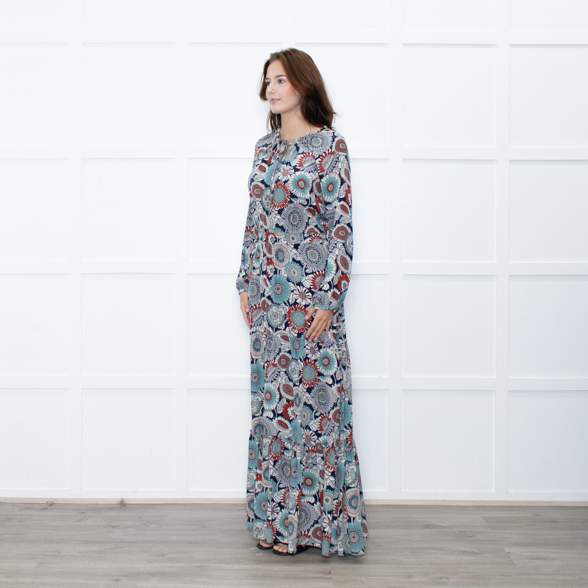 Ridley Navy Multicolour Floral Print Silk Long Sleeve Maxi Dress