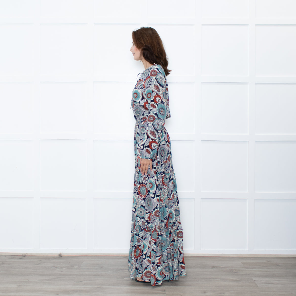 Ridley Navy Multicolour Floral Print Silk Long Sleeve Maxi Dress