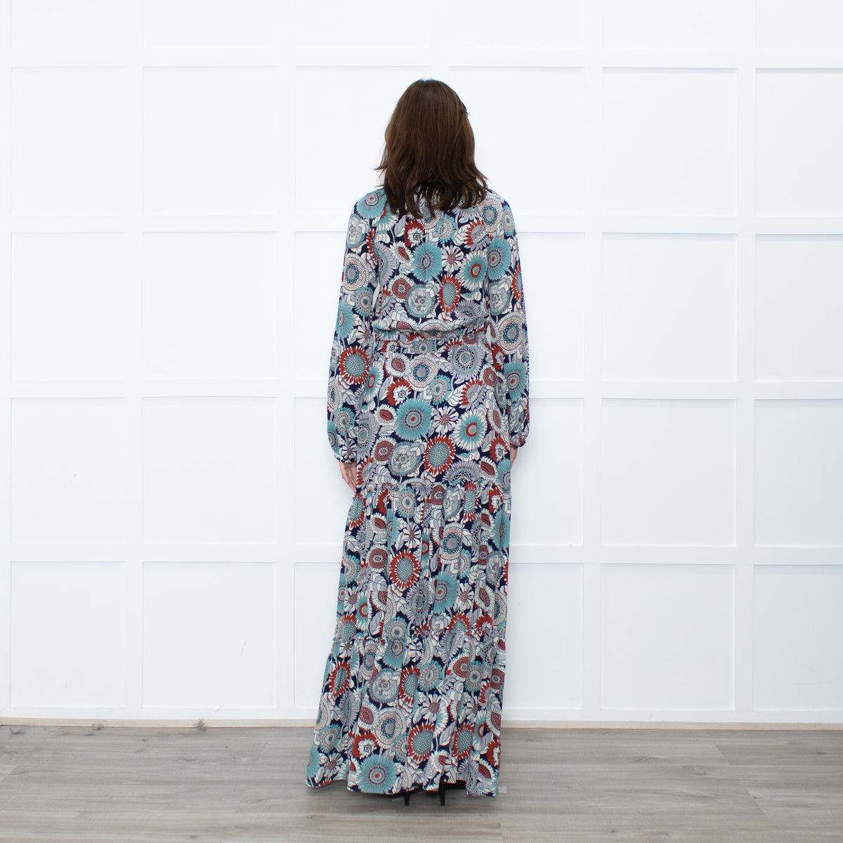 Ridley Navy Multicolour Floral Print Silk Long Sleeve Maxi Dress