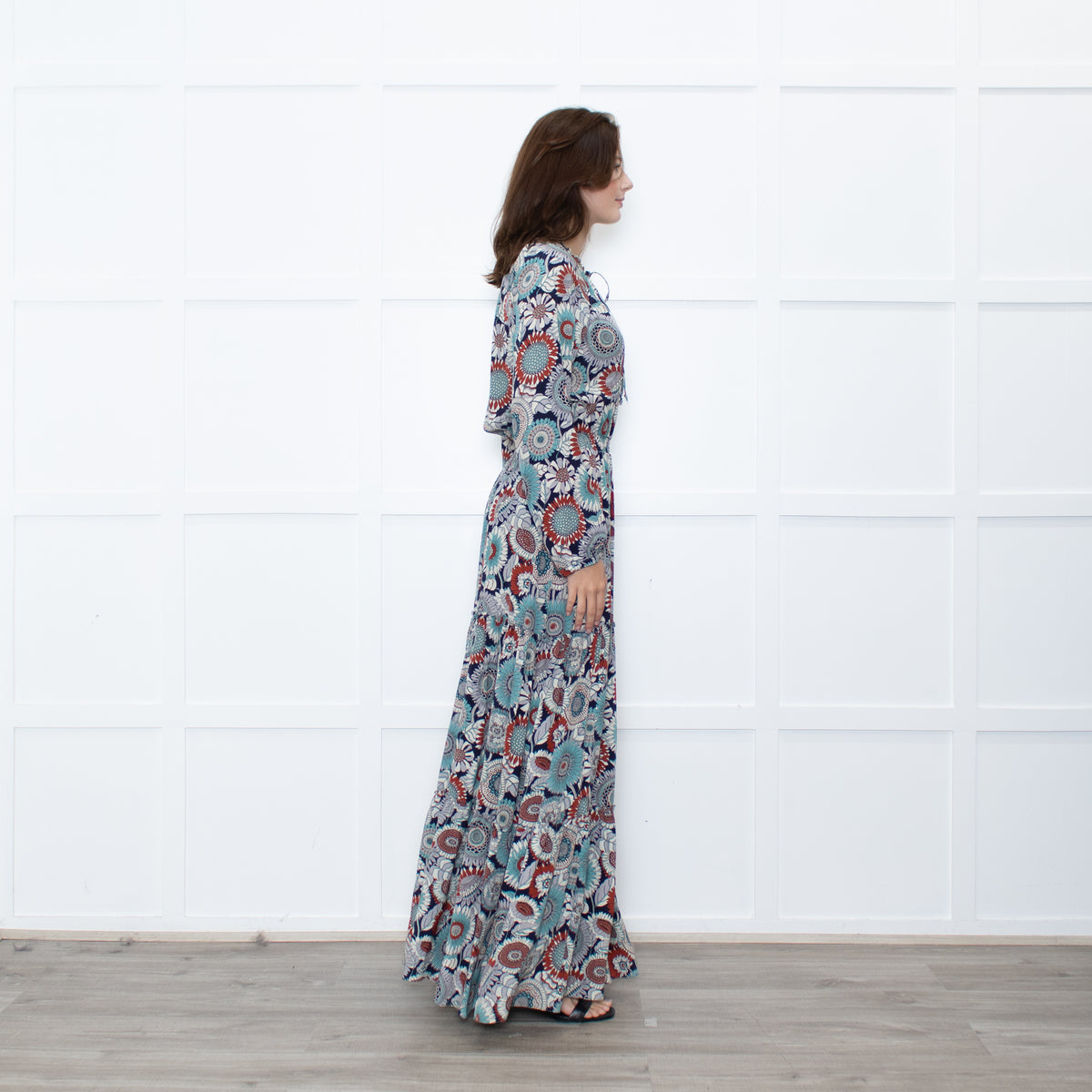 Ridley Navy Multicolour Floral Print Silk Long Sleeve Maxi Dress