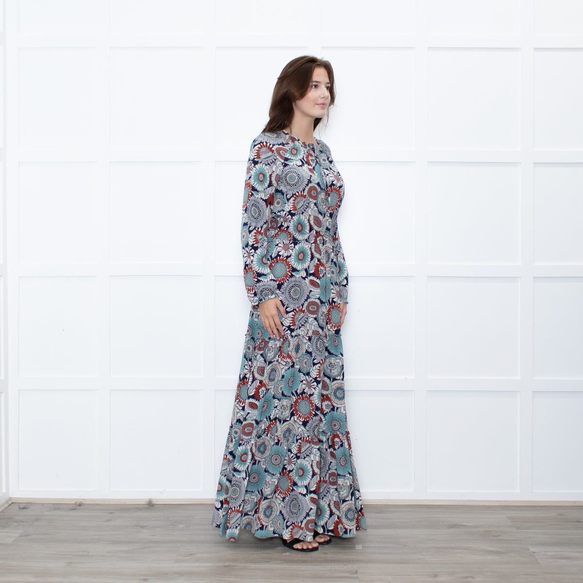 Ridley Navy Multicolour Floral Print Silk Long Sleeve Maxi Dress