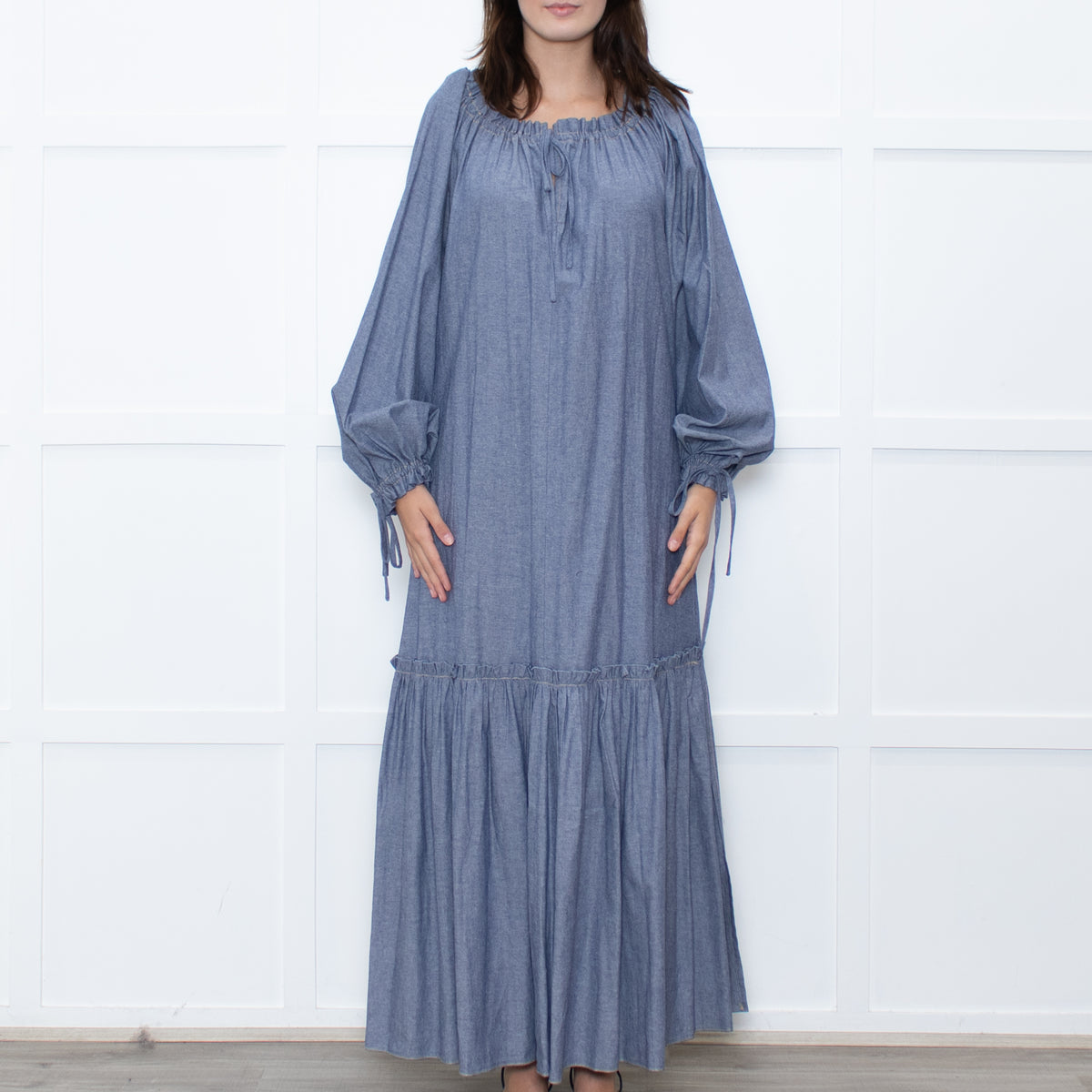 Anna Mason Light Blue Cotton Long Sleeved Maxi dress