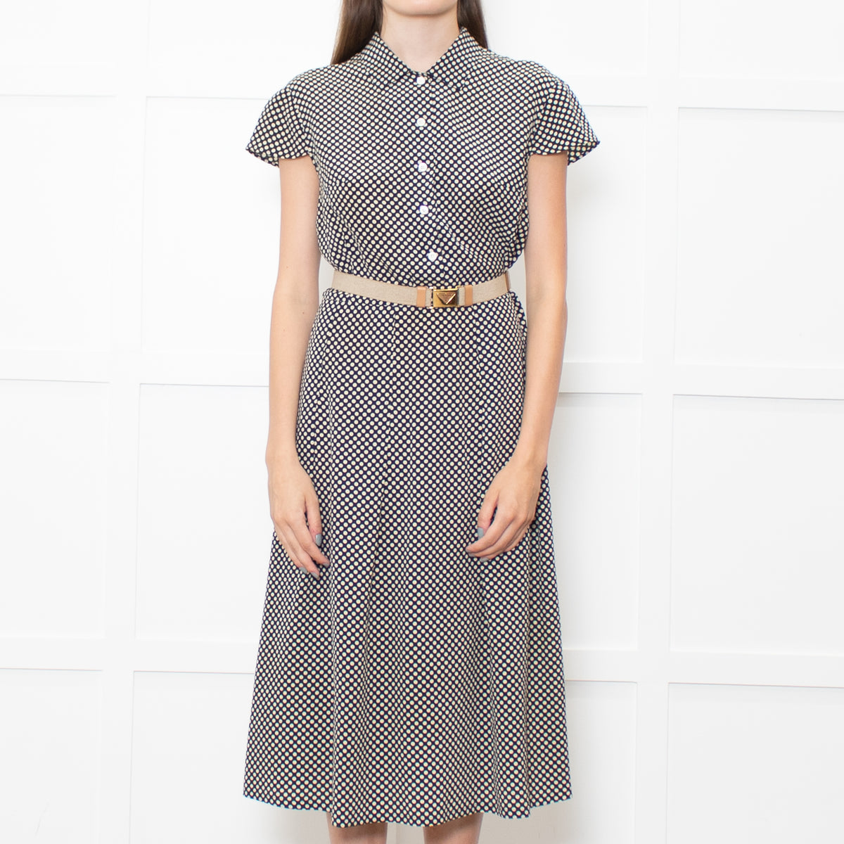 Prada Navy Cream Polka Dots With Canvas Elasticated Belt Dress