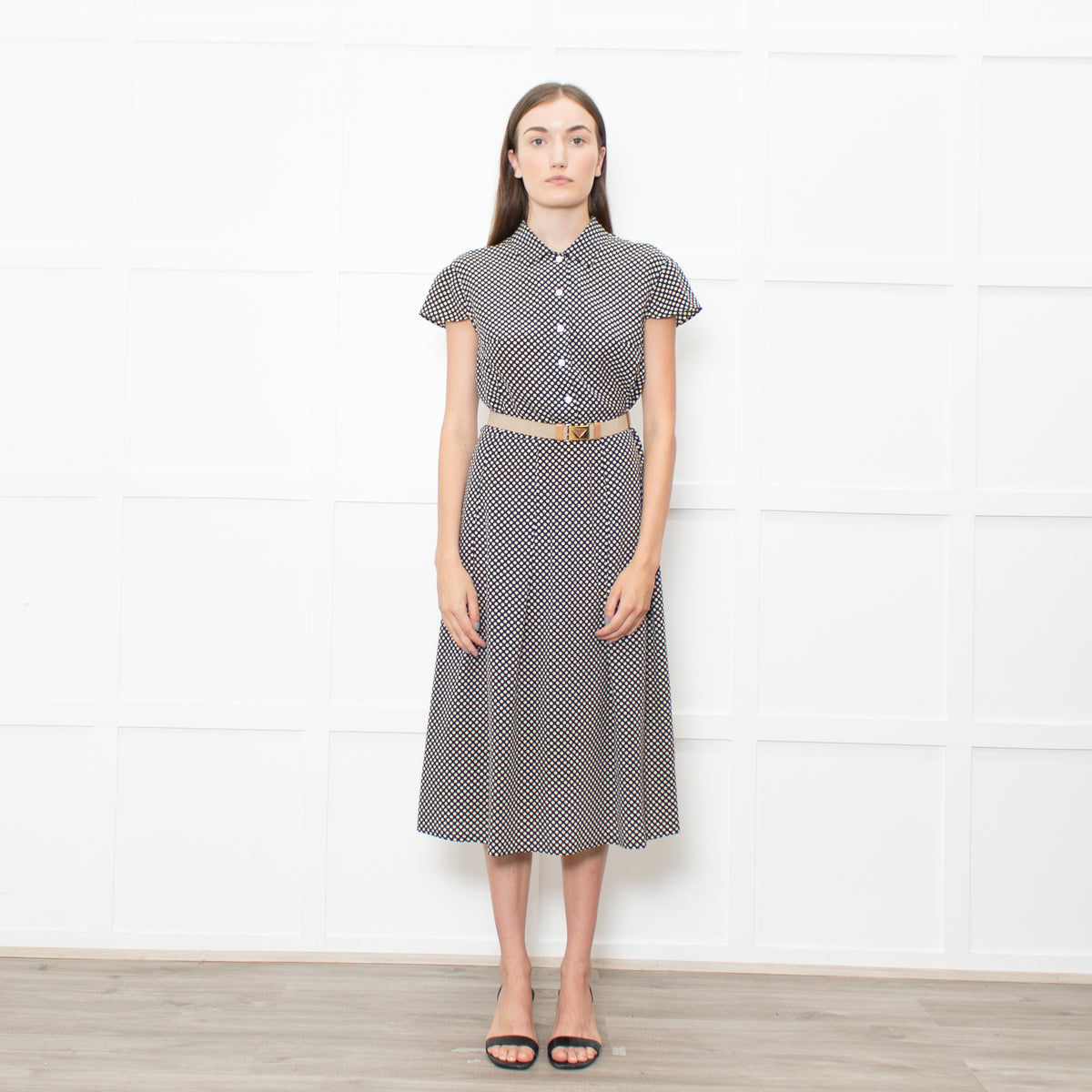 Prada Navy Cream Polka Dots With Canvas Elasticated Belt Dress