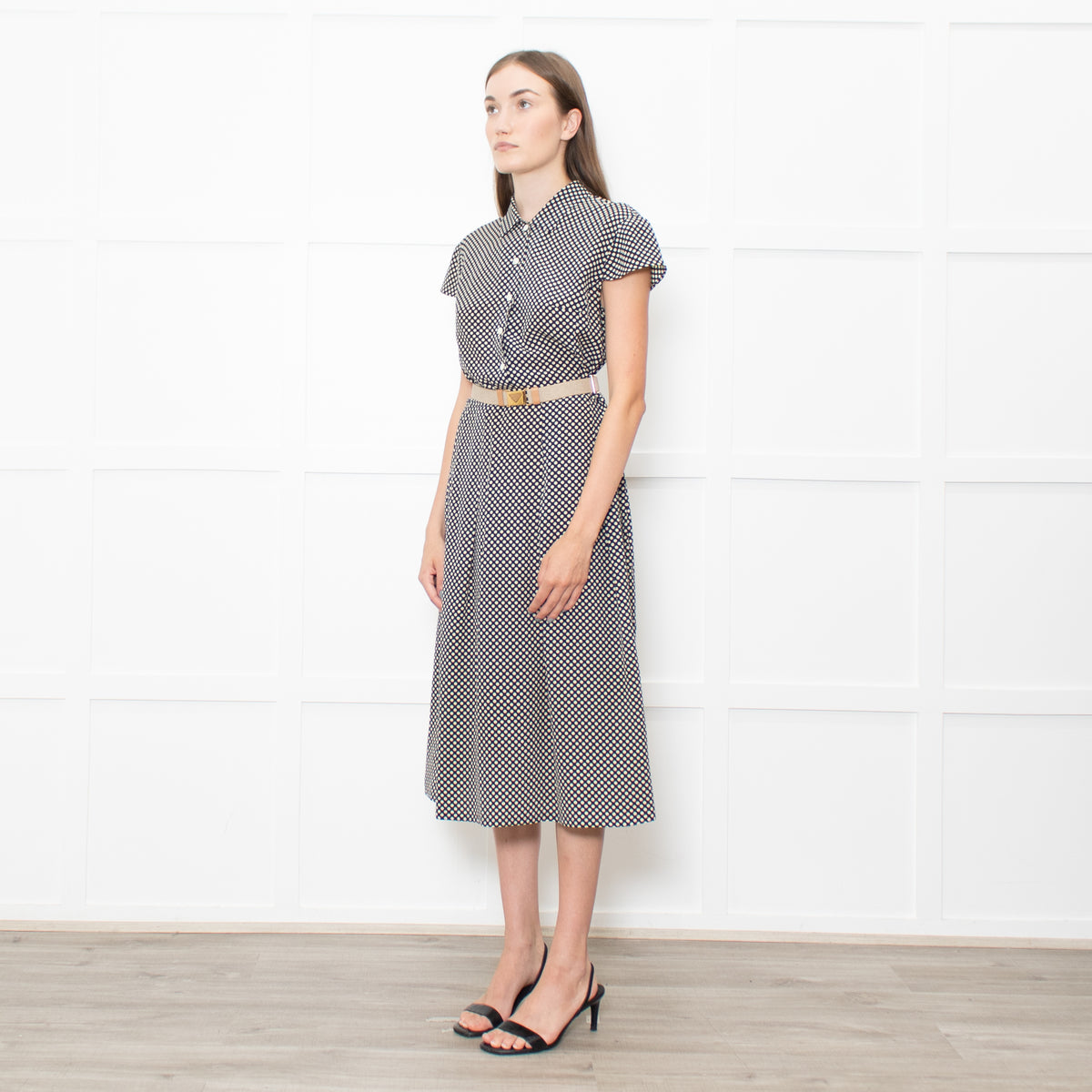 Prada Navy Cream Polka Dots With Canvas Elasticated Belt Dress