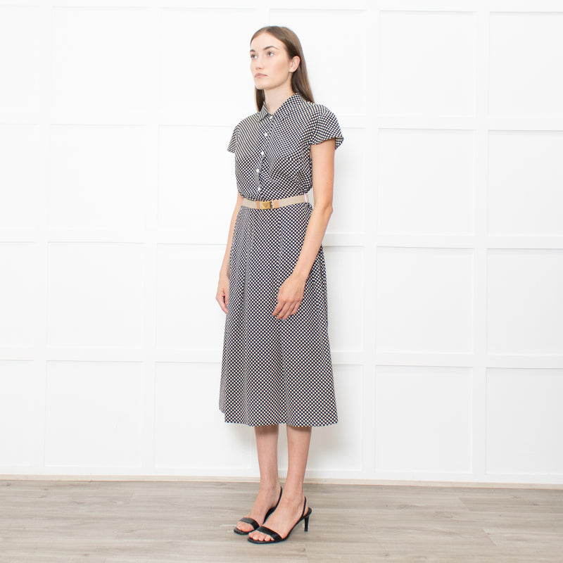 Prada Navy Cream Polka Dots With Canvas Elasticated Belt Dress