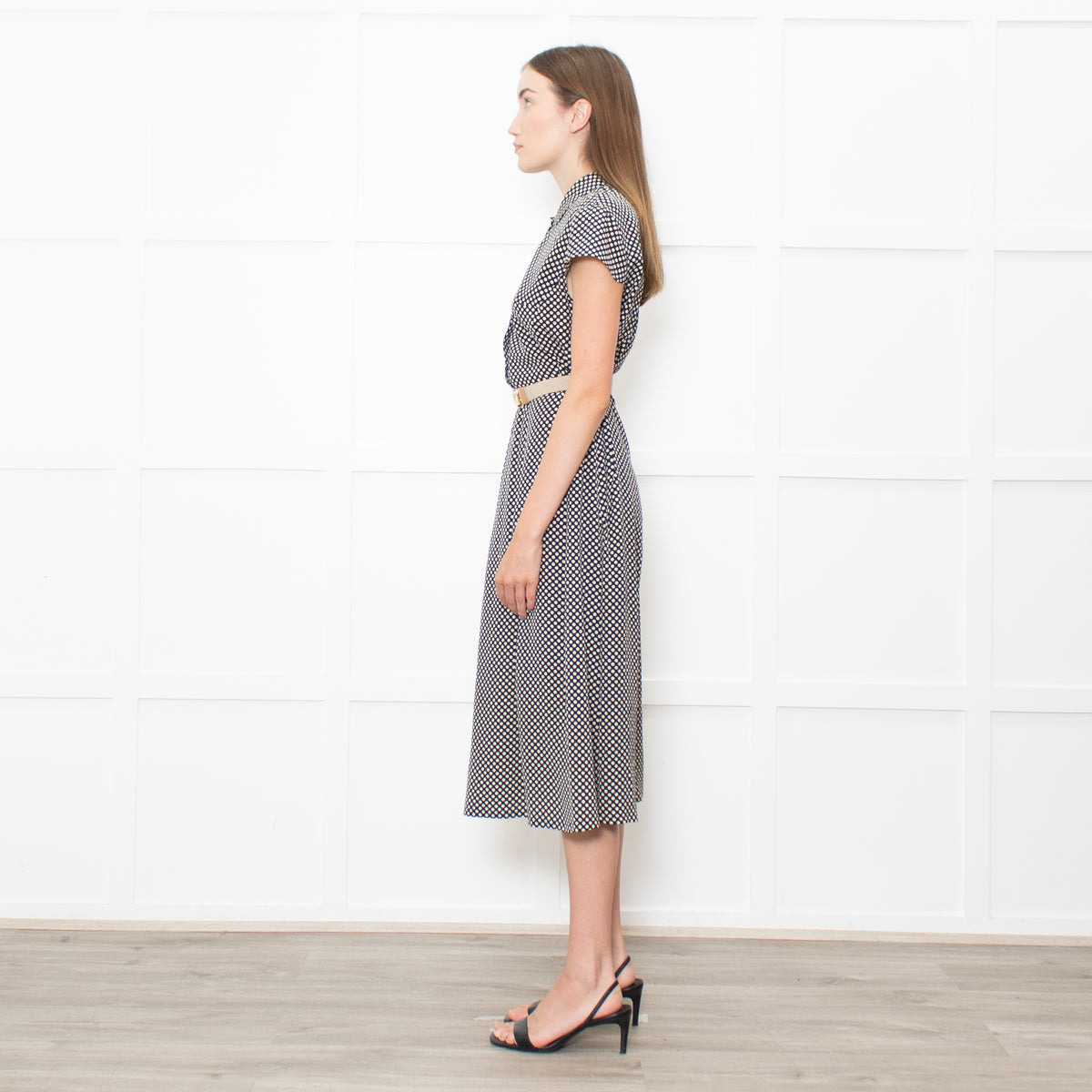 Prada Navy Cream Polka Dots With Canvas Elasticated Belt Dress