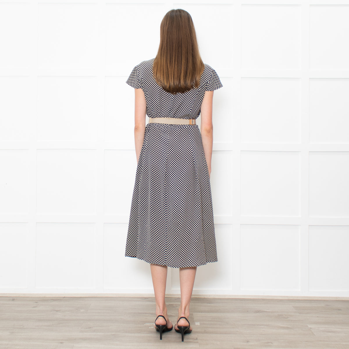 Prada Navy Cream Polka Dots With Canvas Elasticated Belt Dress