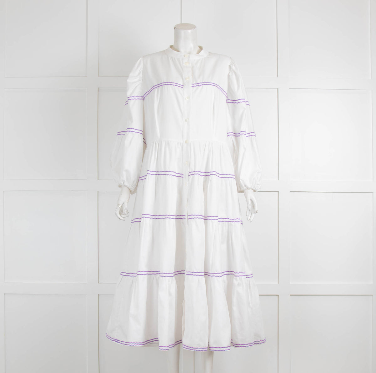 Catherine Prevost White Purple Ribbon Cotton Midi Dress