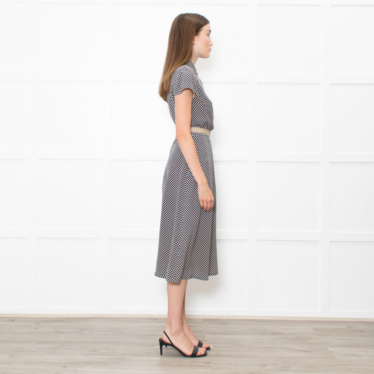 Prada Navy Cream Polka Dots With Canvas Elasticated Belt Dress