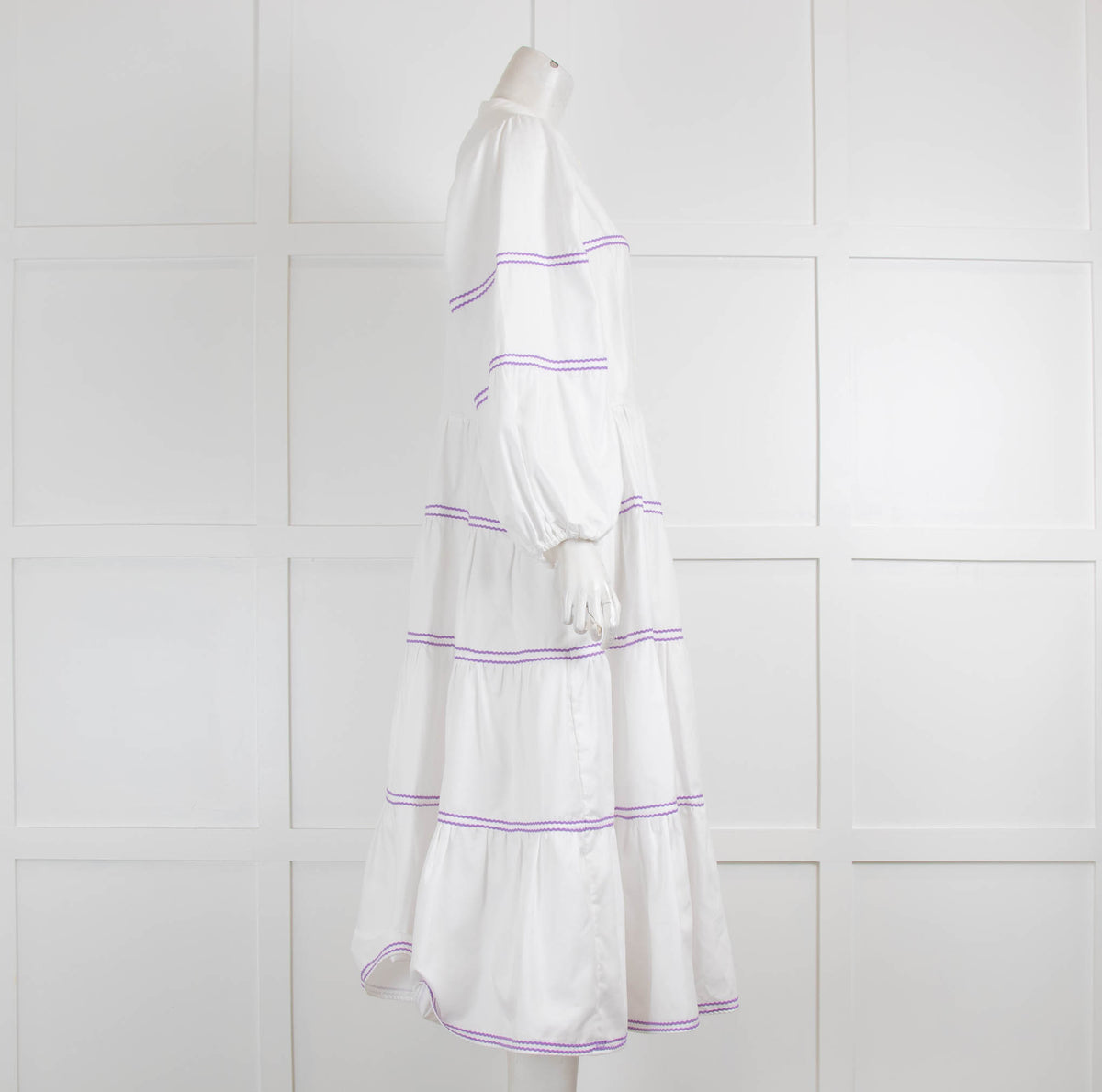 Catherine Prevost White Purple Ribbon Cotton Midi Dress