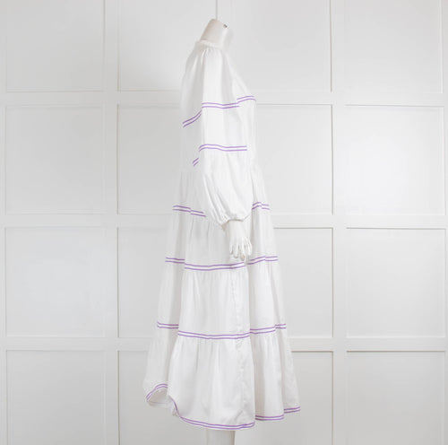 Catherine Prevost White Purple Ribbon Cotton Midi Dress