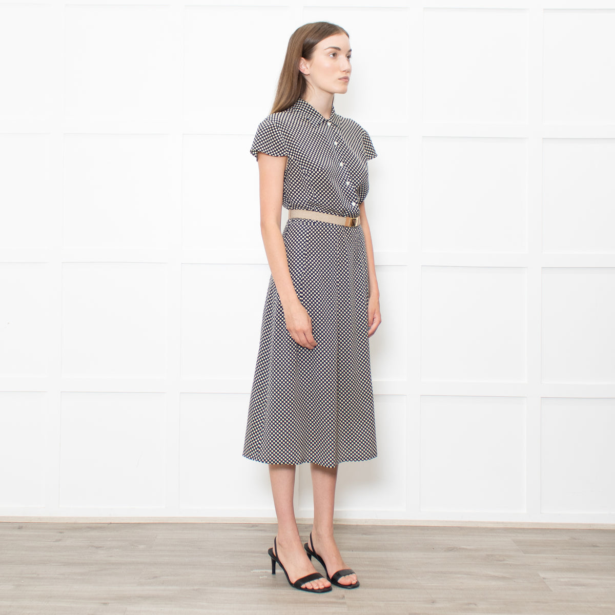 Prada Navy Cream Polka Dots With Canvas Elasticated Belt Dress