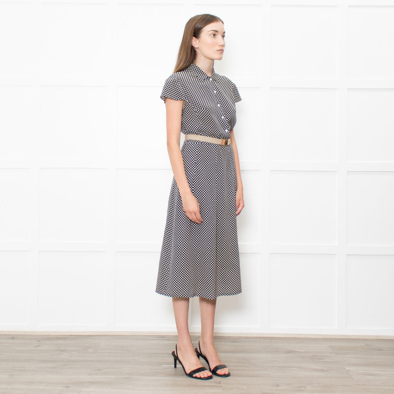 Prada Navy Cream Polka Dots With Canvas Elasticated Belt Dress