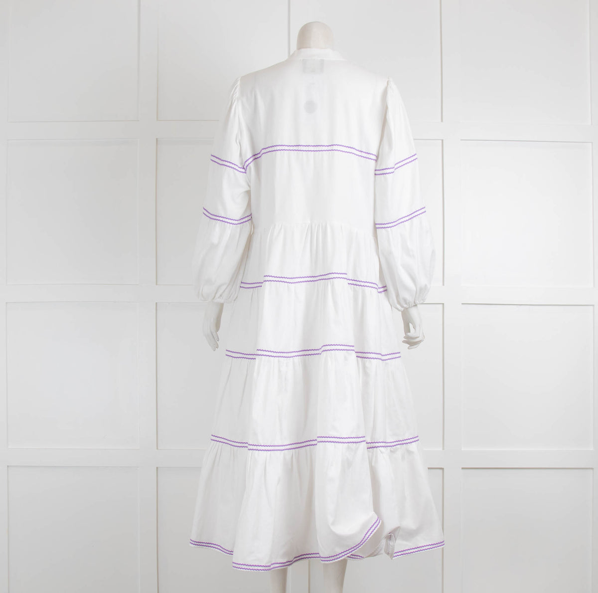 Catherine Prevost White Purple Ribbon Cotton Midi Dress