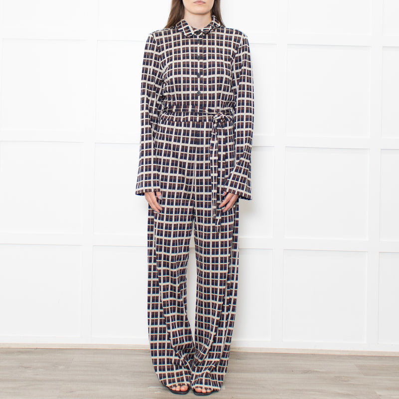 Stine Goya Light Grey Navy Copper Check Jersey Jumpsuit