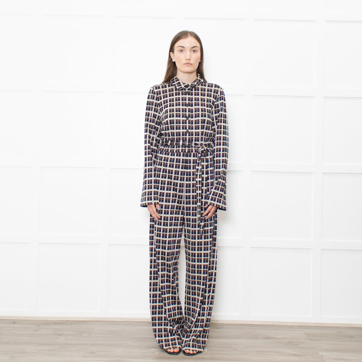 Stine Goya Light Grey Navy Copper Check Jersey Jumpsuit