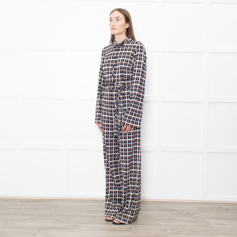 Stine Goya Light Grey Navy Copper Check Jersey Jumpsuit