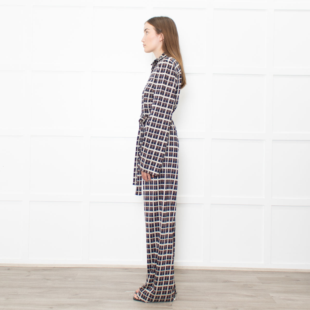 Stine Goya Light Grey Navy Copper Check Jersey Jumpsuit