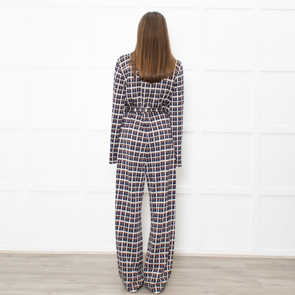 Stine Goya Light Grey Navy Copper Check Jersey Jumpsuit