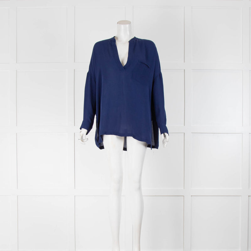 Vince Blue V Neck Long Sleeve Front Pocket Blouse