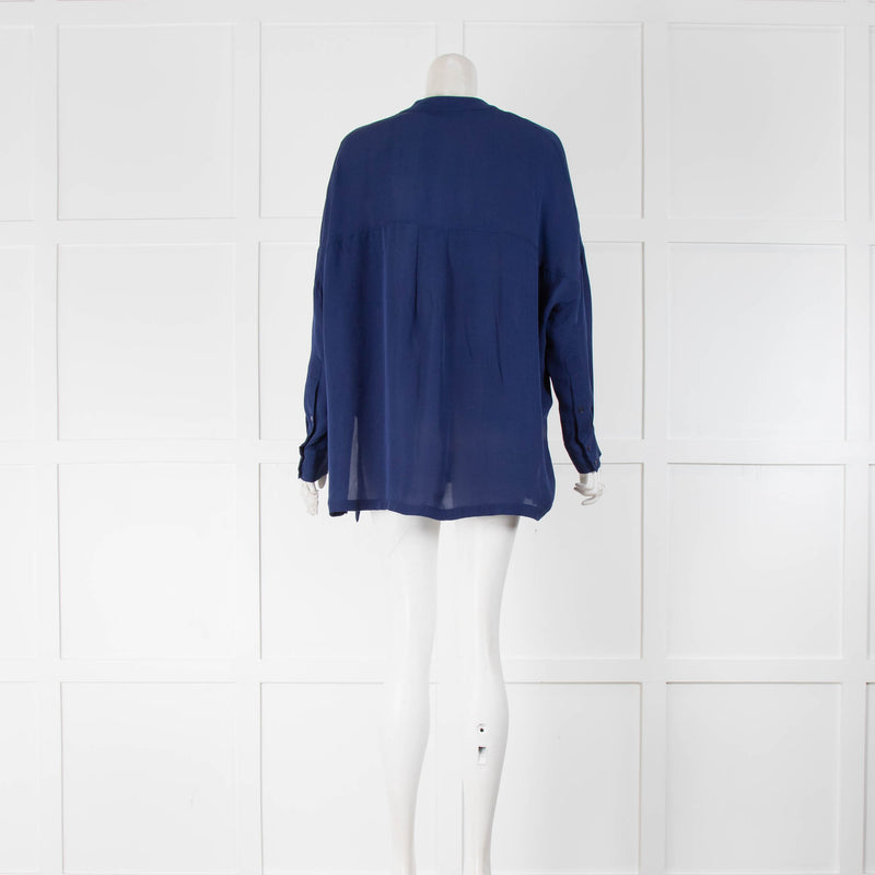 Vince Blue V Neck Long Sleeve Front Pocket Blouse