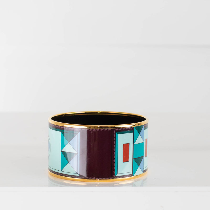 Hermes Blue Brown Printed Enamel Wide Bangle