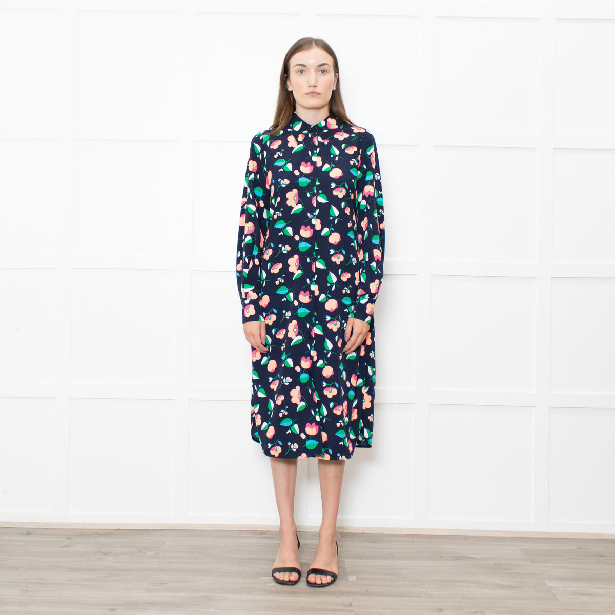 Essential Antwerp Navy Blue Coral Pink Green Floral Belted Shirt Dress