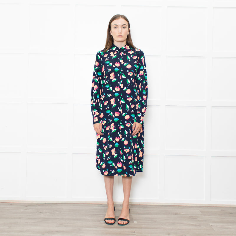 Essential Antwerp Navy Blue Coral Pink Green Floral Belted Shirt Dress