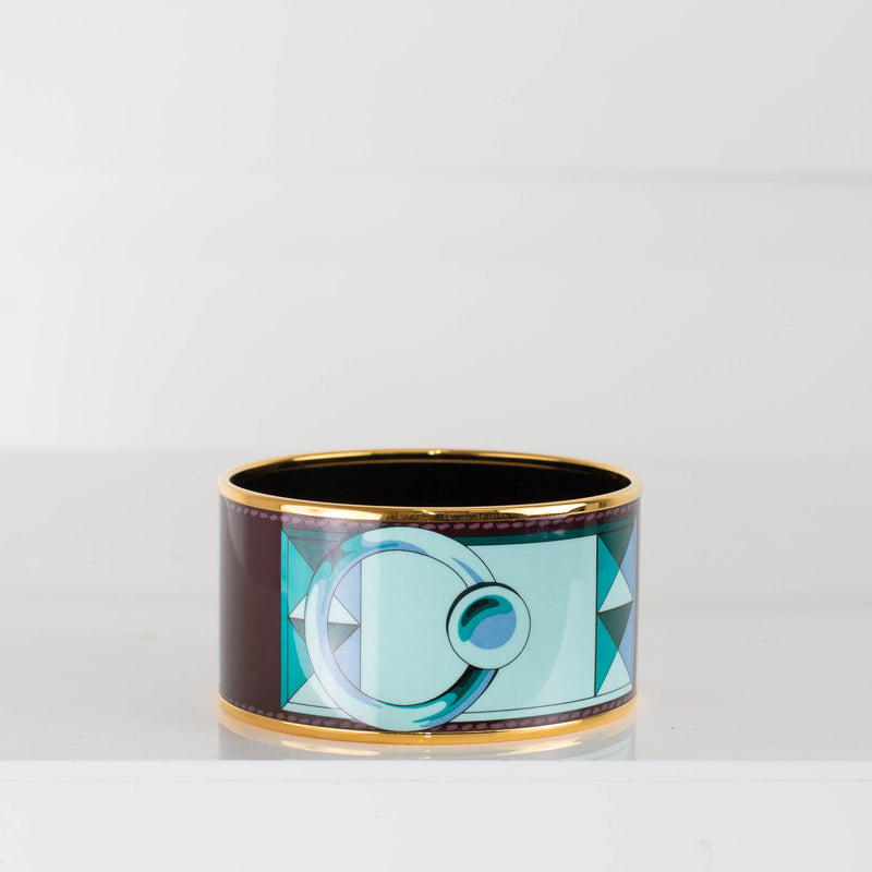 Hermes Blue Brown Printed Enamel Wide Bangle