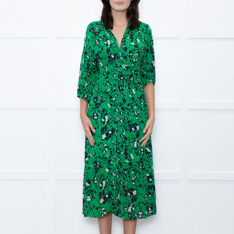 Ba&sh Green Black Floral Silver Lurex Button Up Midi Dress