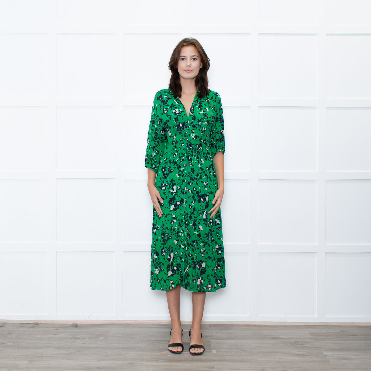 Me + Em Green Pink Floral Long Sleeve Maxi Dress