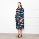 Essential Antwerp Navy Blue Coral Pink Green Floral Belted Shirt Dress