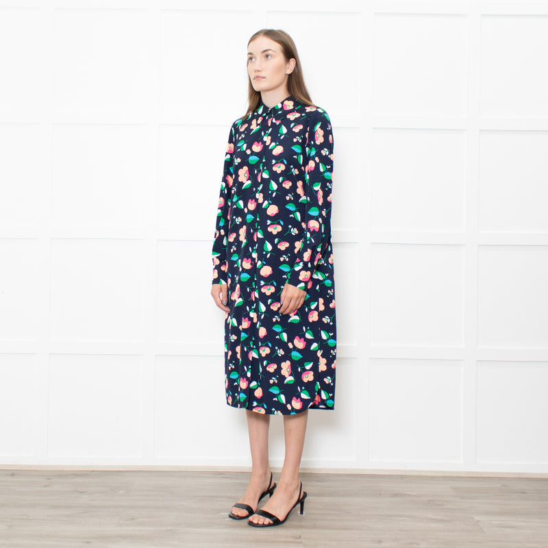 Essential Antwerp Navy Blue Coral Pink Green Floral Belted Shirt Dress