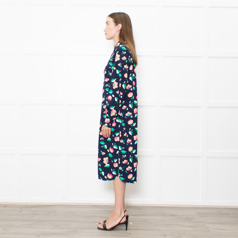 Essential Antwerp Navy Blue Coral Pink Green Floral Belted Shirt Dress