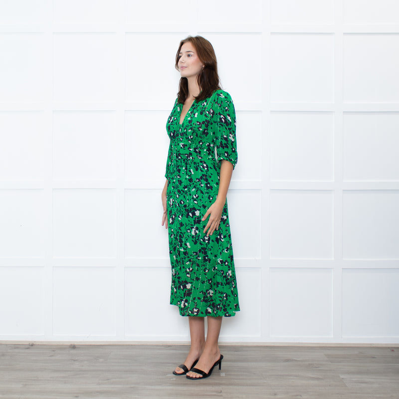 Ba&sh Green Black Floral Silver Lurex Button Up Midi Dress