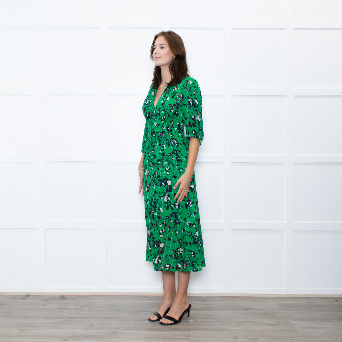 Me + Em Green Pink Floral Long Sleeve Maxi Dress