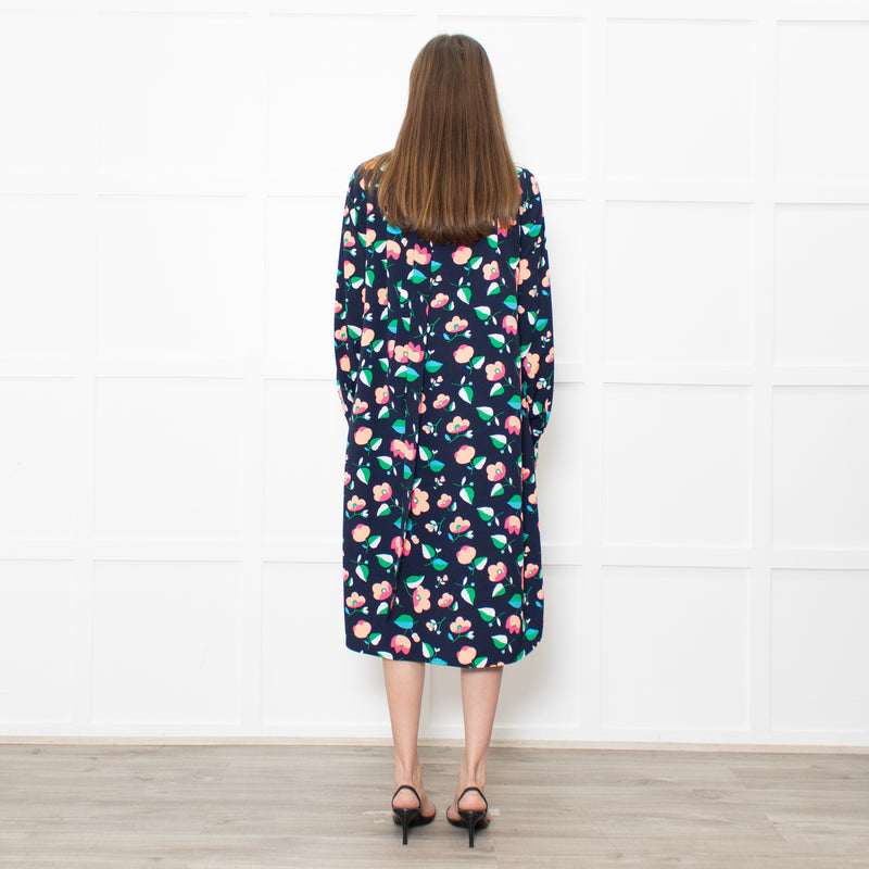 Essential Antwerp Navy Blue Coral Pink Green Floral Belted Shirt Dress