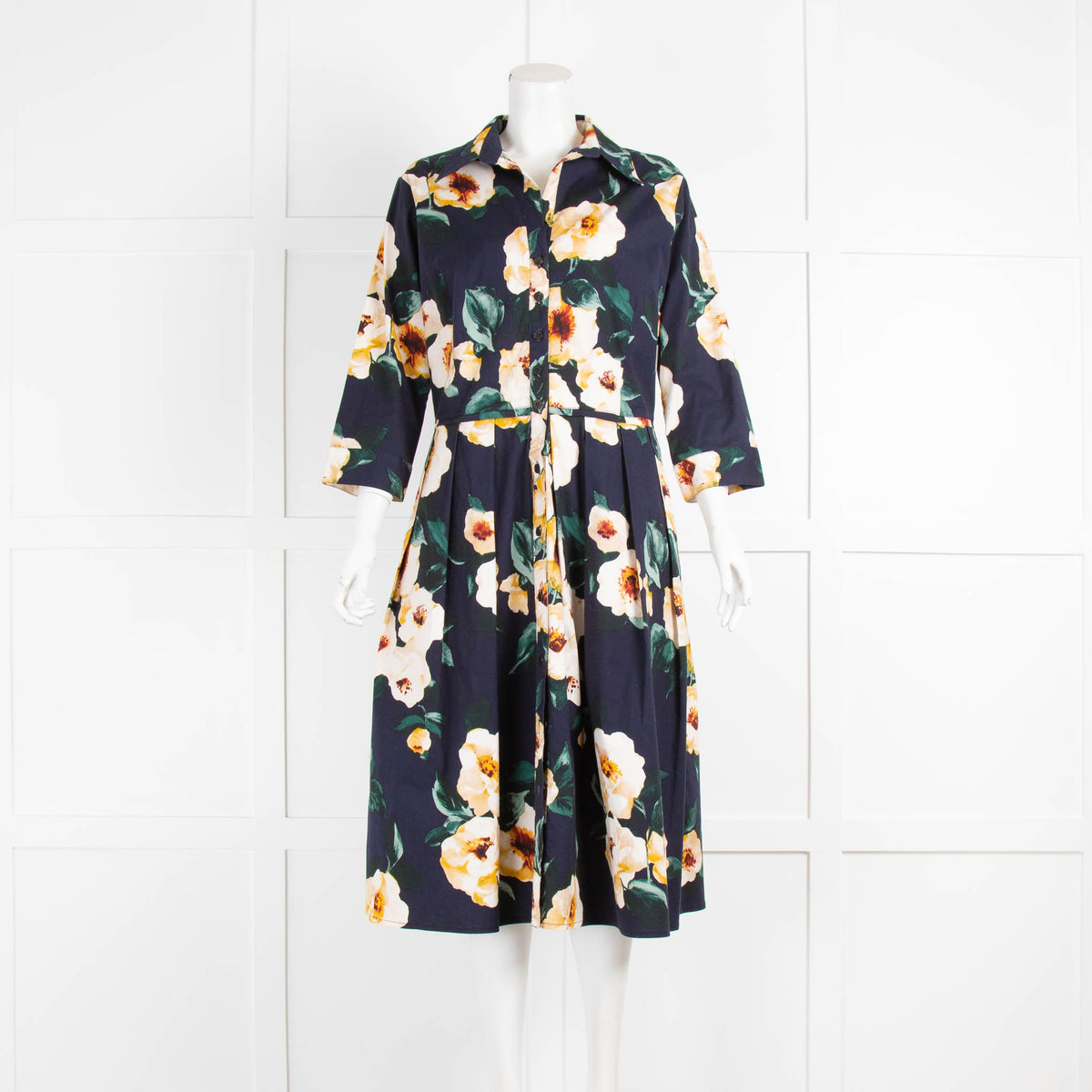 Samantha Sung Navy White Floral Cotton Midi Dress