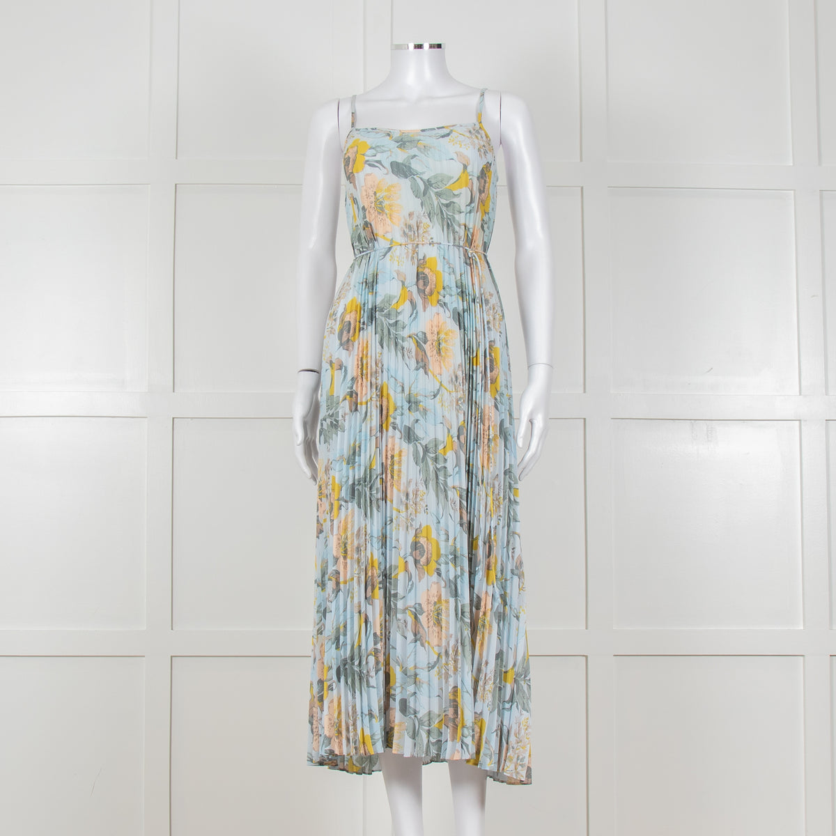 Vince Pale Blue and Green Floral Print Pleated Strappy Dress